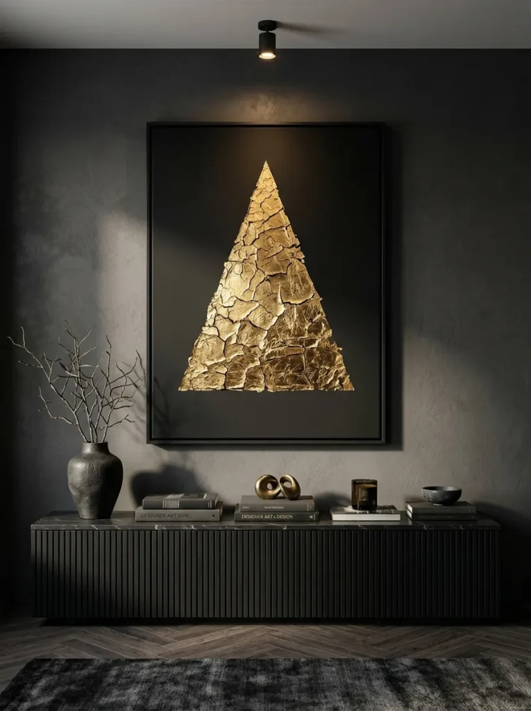 "Gold leaf Christmas tree painted on a matte black canvas"