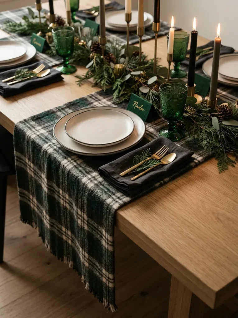 "Charcoal wool-flannel runner with ivory plates and evergreen goblets"