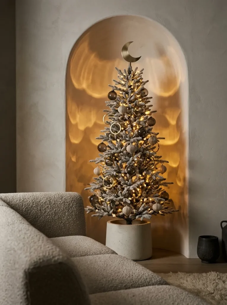 "Greige flocked slim Christmas tree with a brass crescent topper in a plaster alcove"