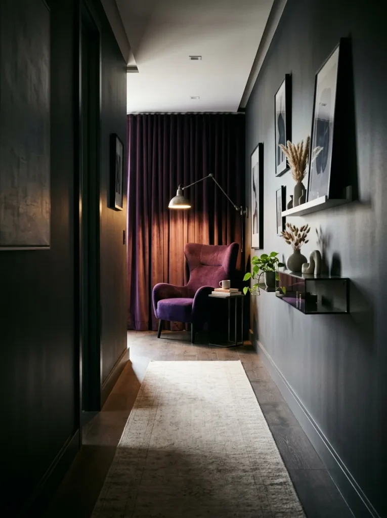  "Aubergine wingback chair in a hallway dead-end reading alcove"