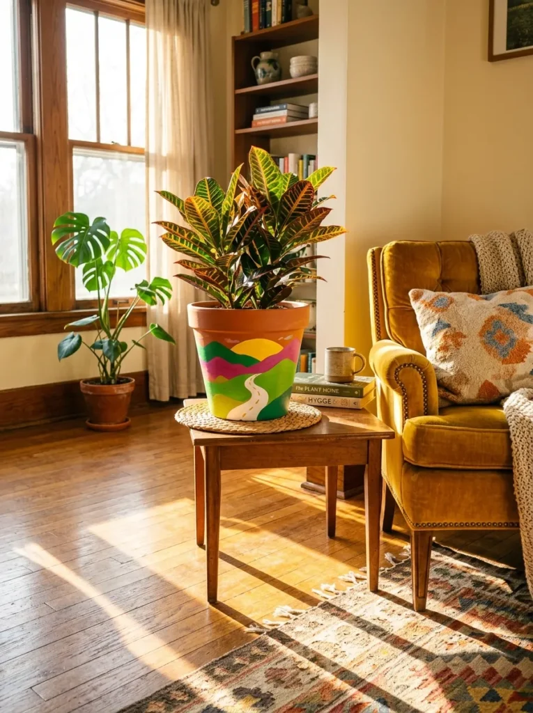 "Hockney-inspired patchwork hill pattern on a terracotta pot"