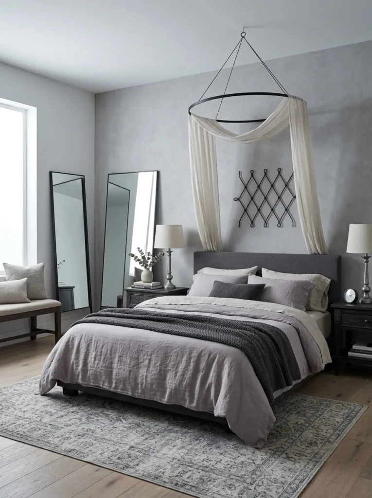 "Steel hoop canopy with bone linen panels over a low bed"
