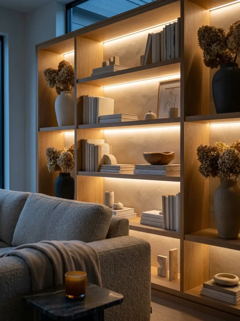 "Dried hydrangea in ceramic vases on a built-in bookshelf with inward-facing books"