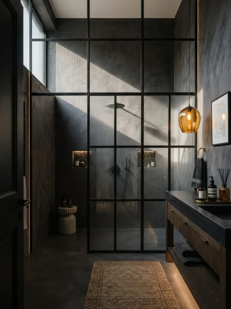 "Industrial bathroom with cast concrete tub and steel grid shower"