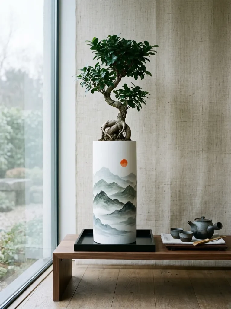 "Sumi-e style misty mountain pot on a black lacquered tray"