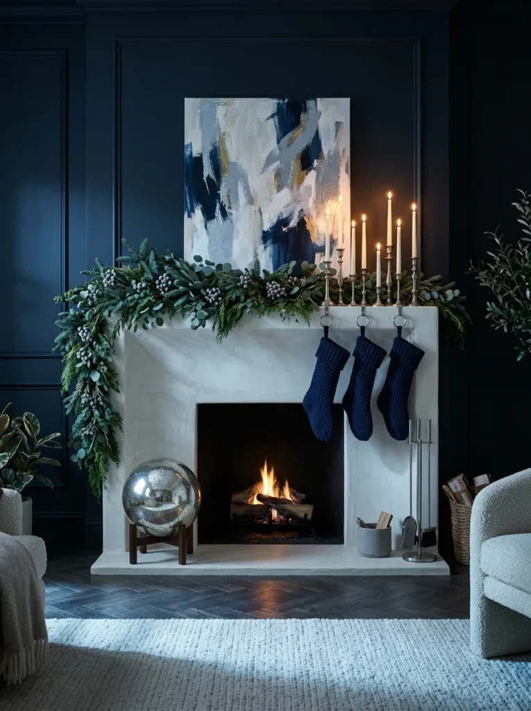 "Navy and silver Christmas mantel with a mercury glass orb"