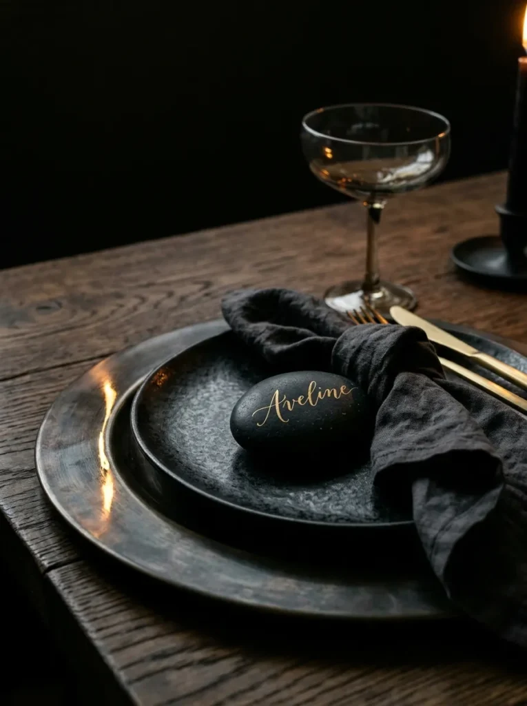 "Black stoneware on a smoked-brass charger with a gold-lettered river stone place card"