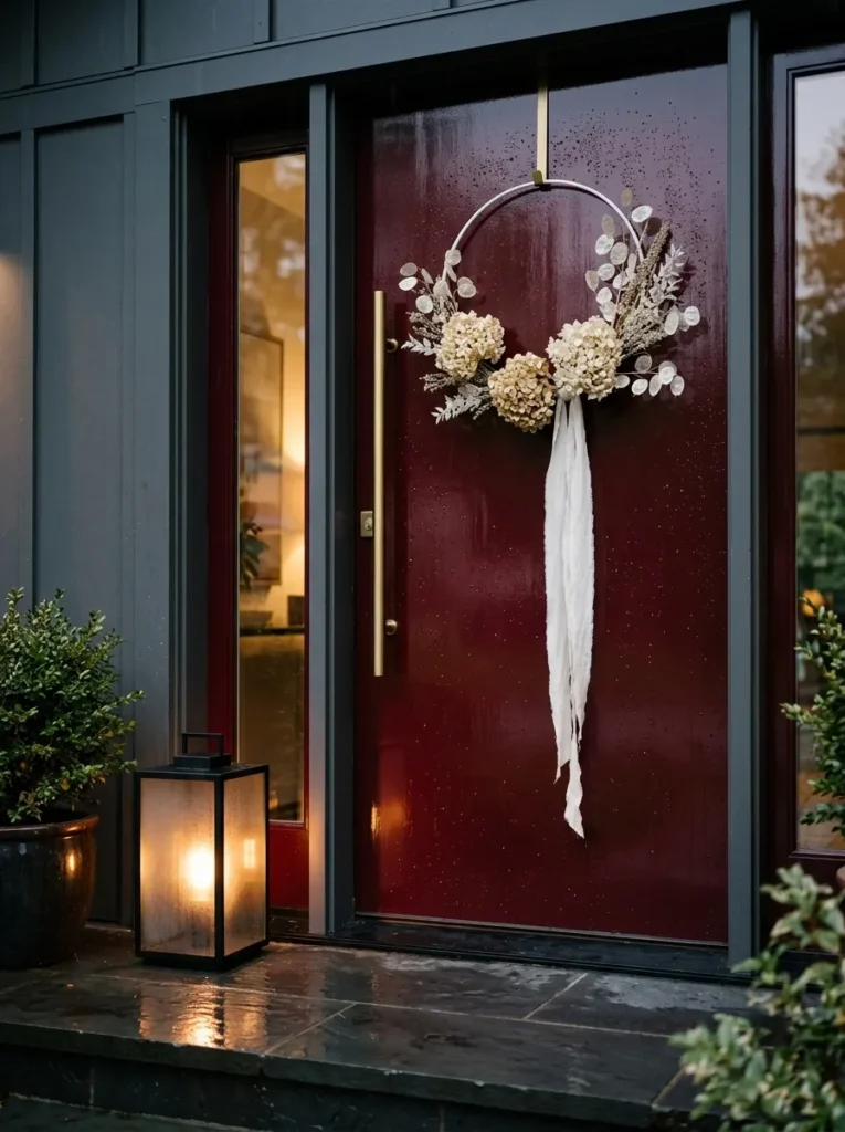 "White steel hoop with dried hydrangea on a glossy oxblood door"