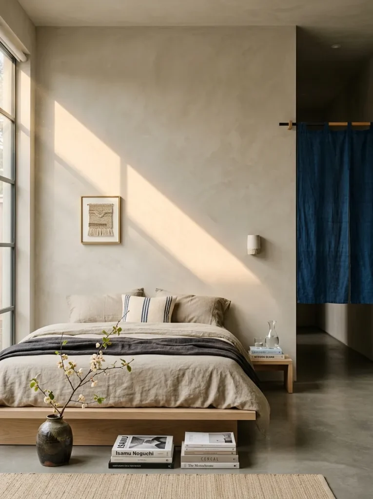 "Japandi bedroom with pale-oak platform bed and indigo noren curtain"