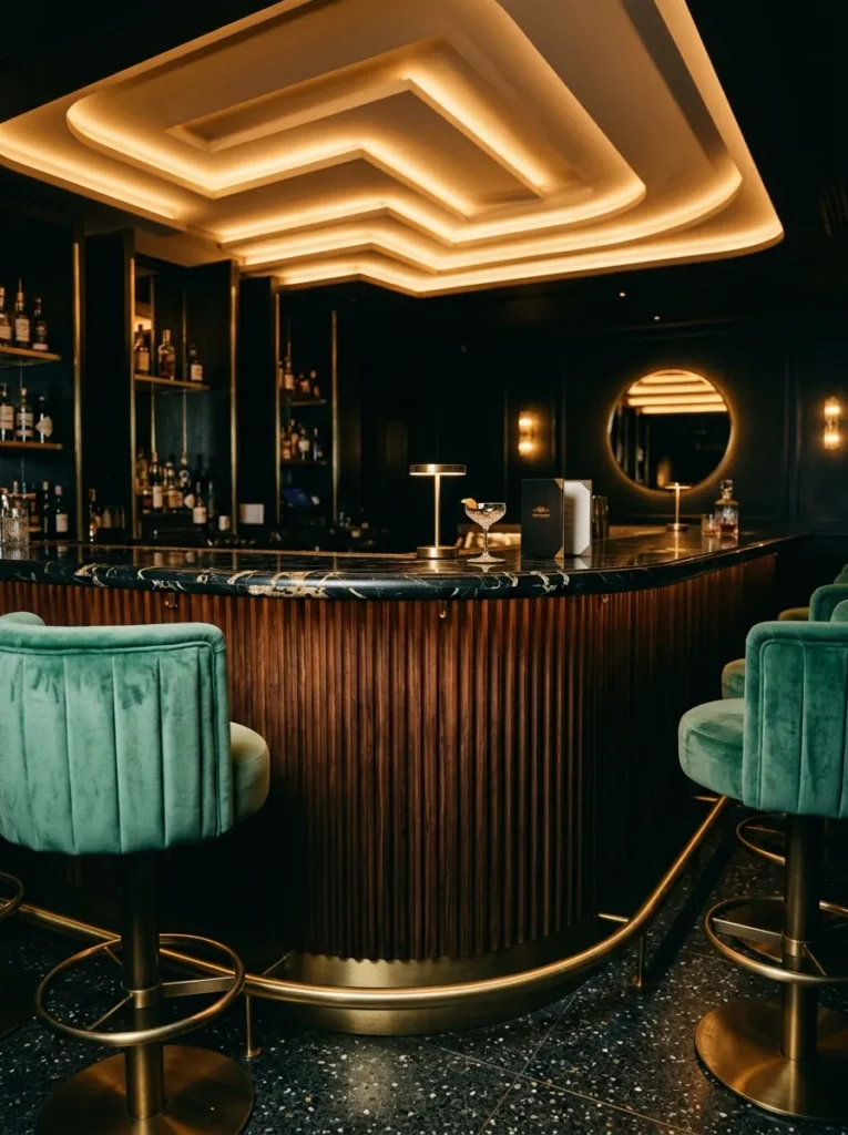 "Art Deco home bar with fluted ebonized walnut and jade stools"