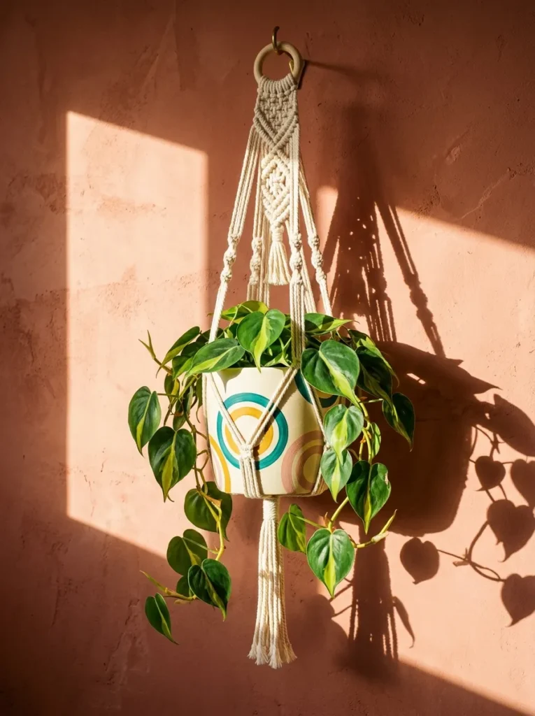 "Kandinsky-inspired concentric circles on a hanging pot"