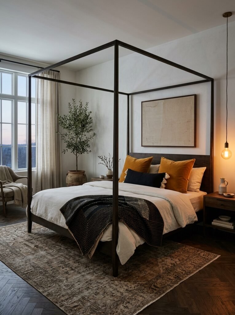 "Black and cream kantha quilt with turmeric velvet pillows"