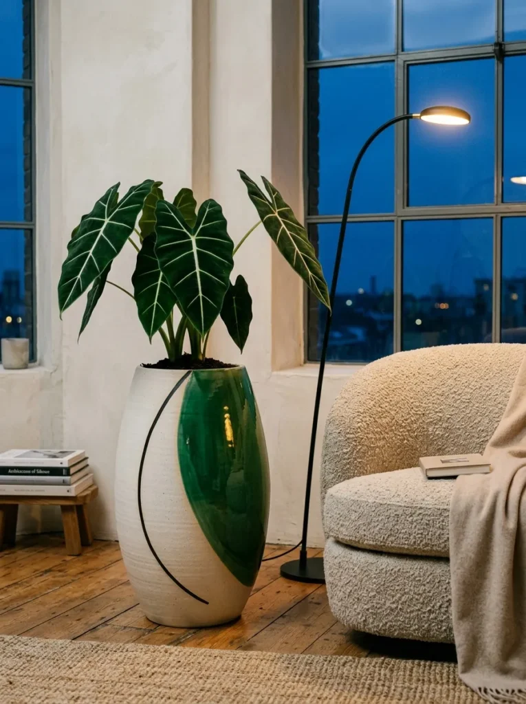 "Ellsworth Kelly-inspired emerald curve on a tall ceramic planter"