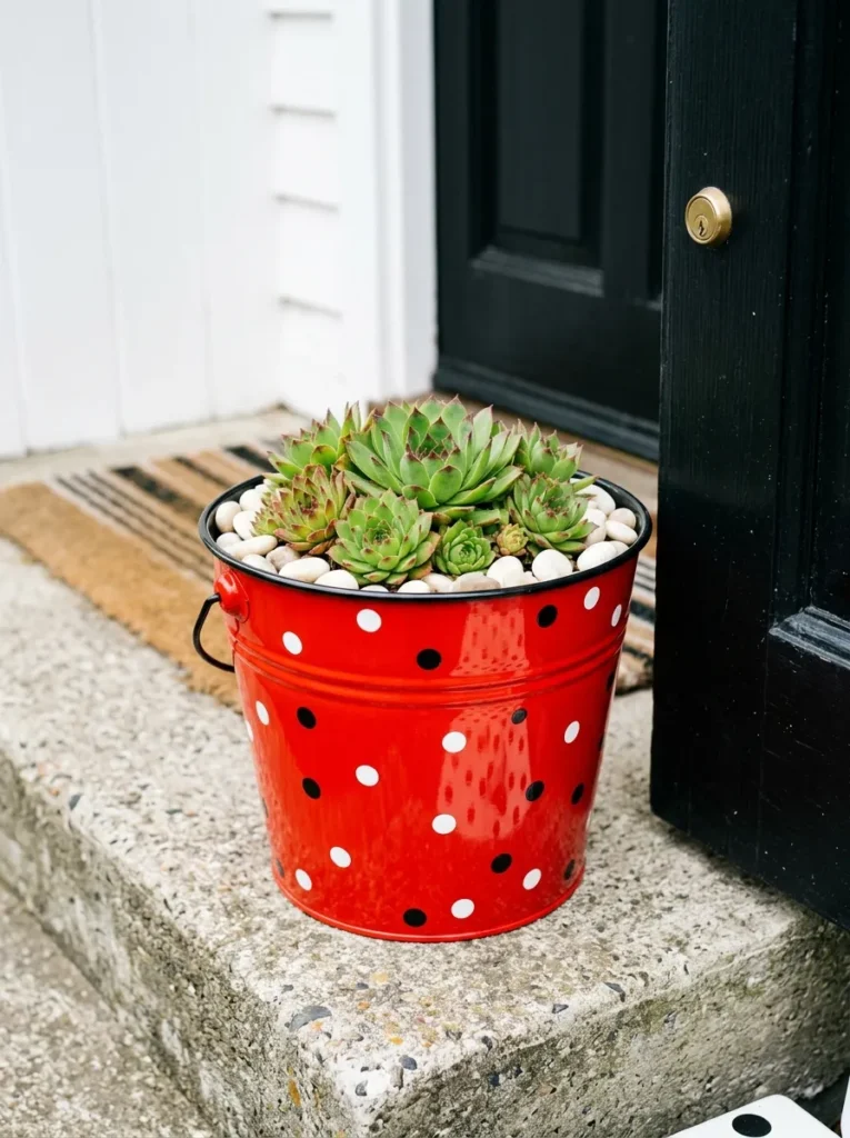 "Kusama-style polka dot painted galvanized bucket planter"