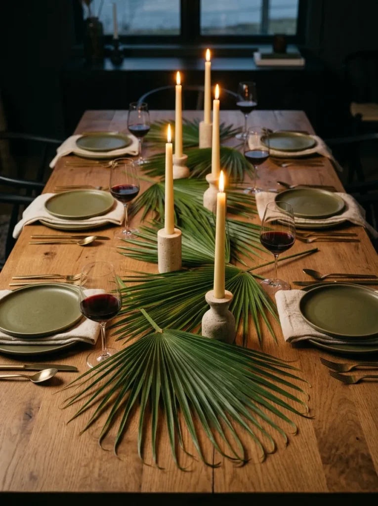 "Overlapping palm fronds laid as a table runner with candlelight"