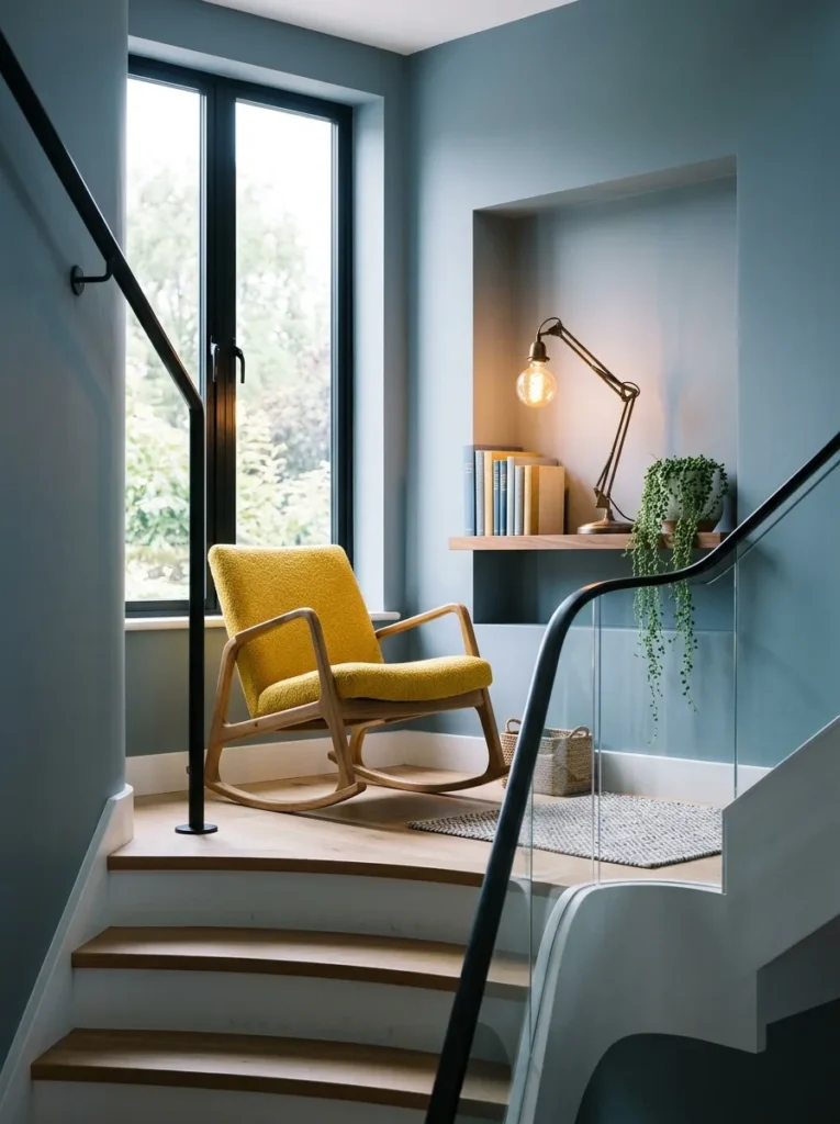 "Rocking chair reading perch on a stair landing with recessed book niche"