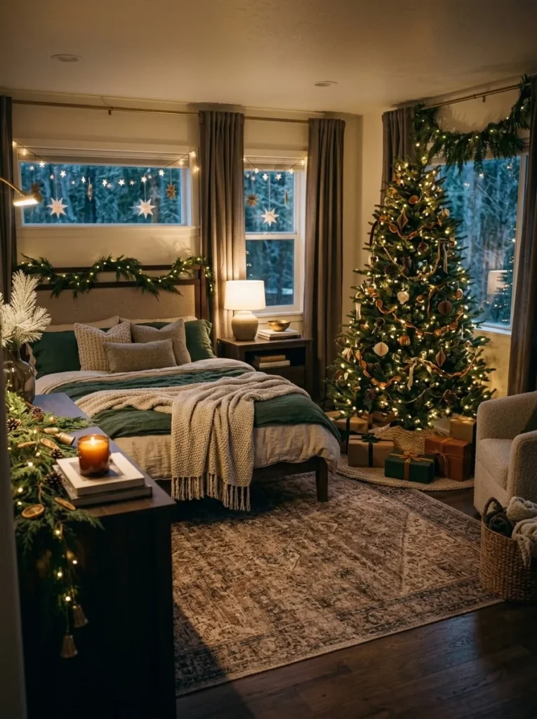 "Leaned winter landscape print lit by a brass picture light on a dresser"