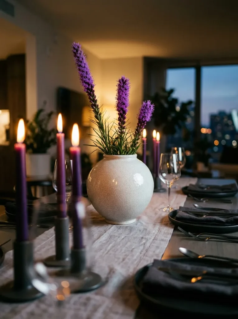 "Violet blazing star spikes in a pearl-white moon jar"