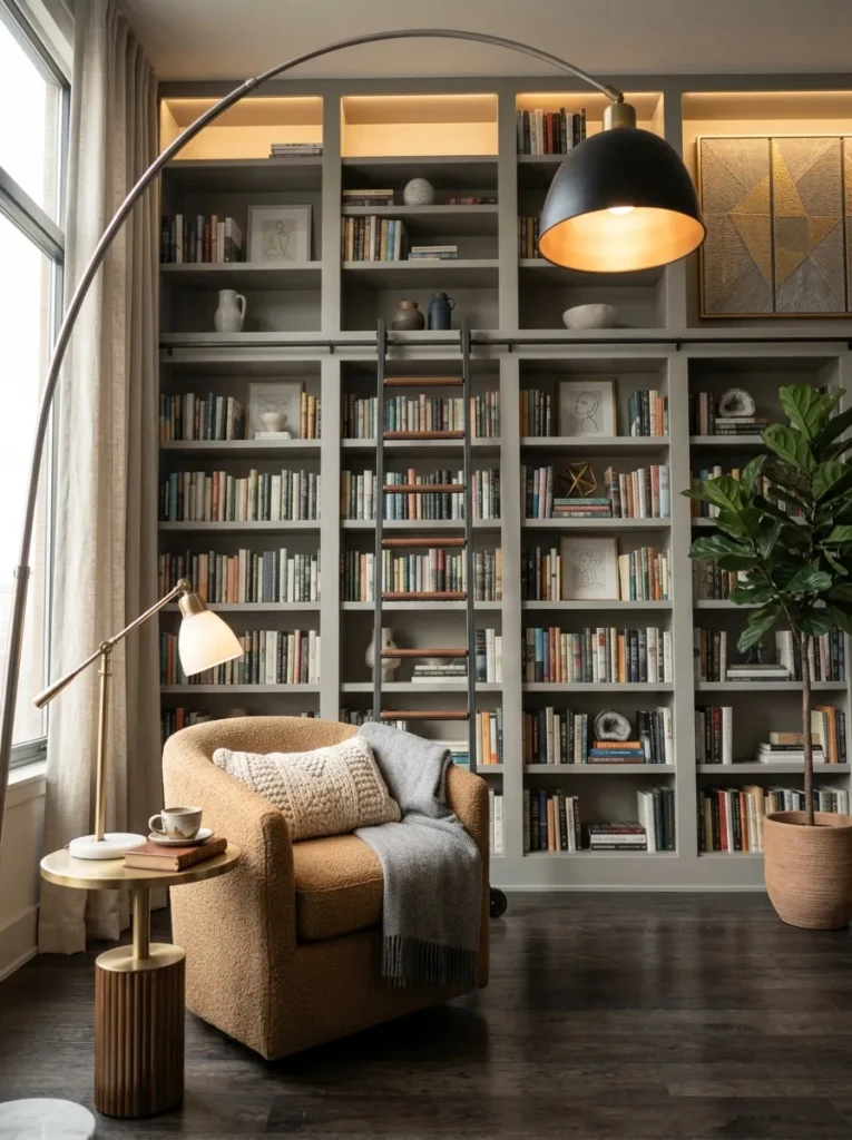 "Swivel chair facing a floor-to-ceiling library ladder wall"