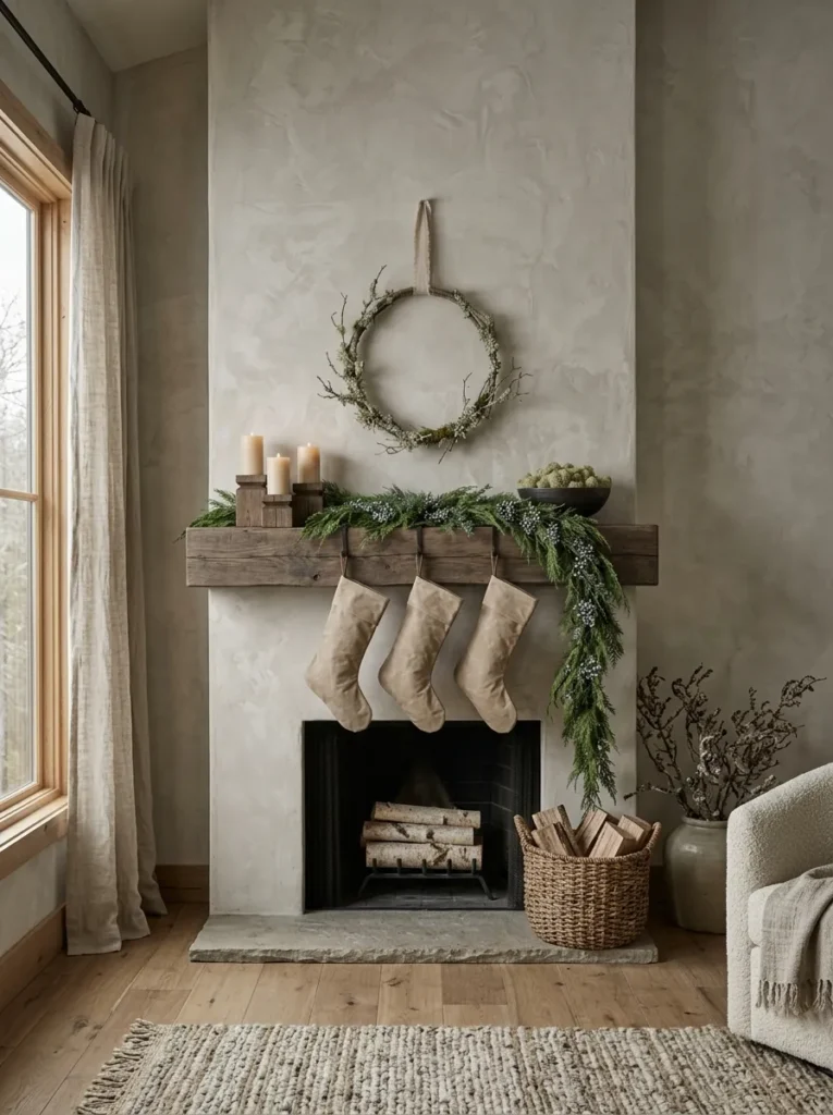 "Lichen branch hoop above a cedar and juniper Christmas garland"