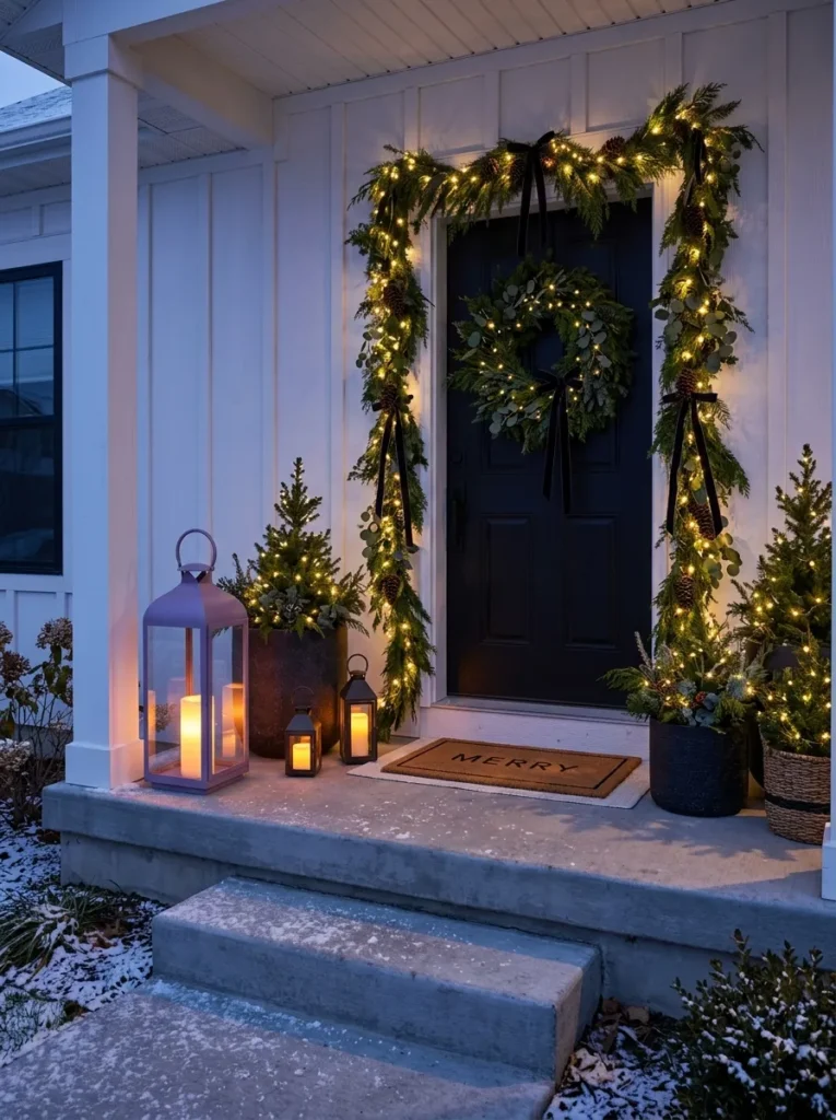 "Matte lilac steel lantern glowing beside a black front door"