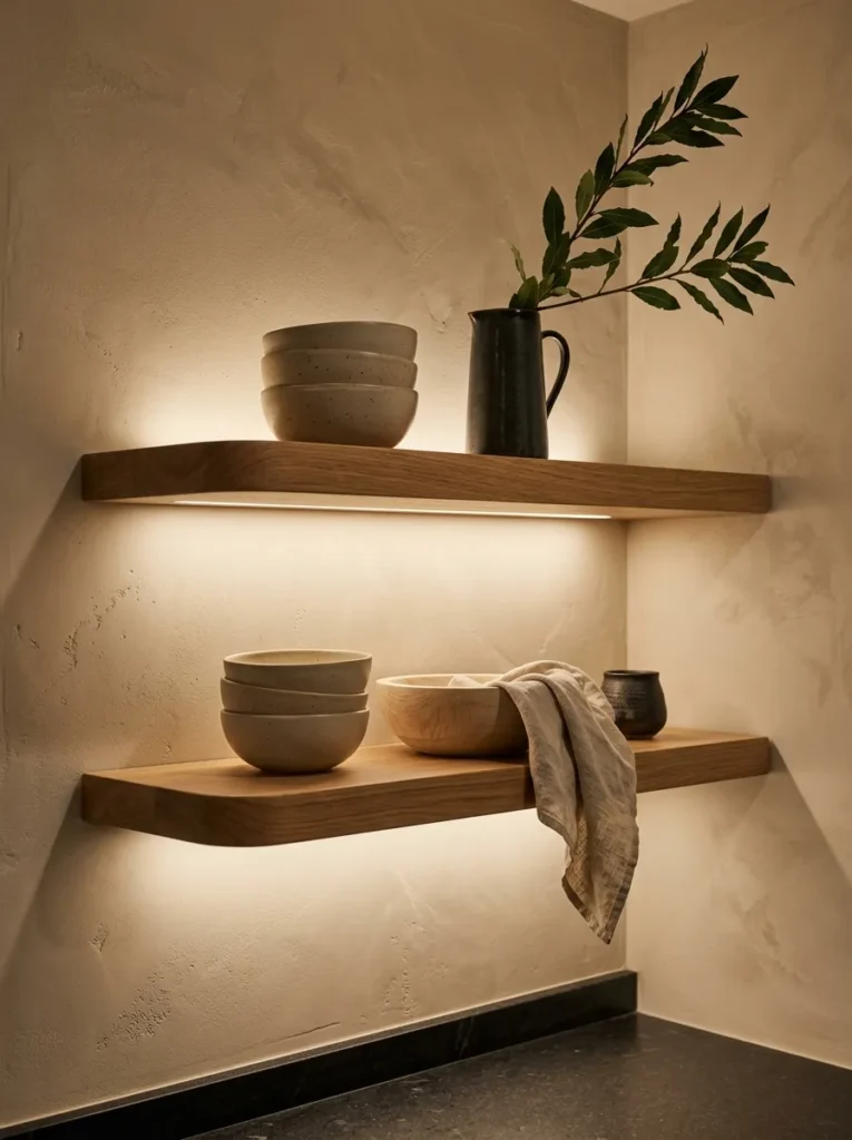 "Open white oak kitchen shelves with oat stoneware and a bay branch"