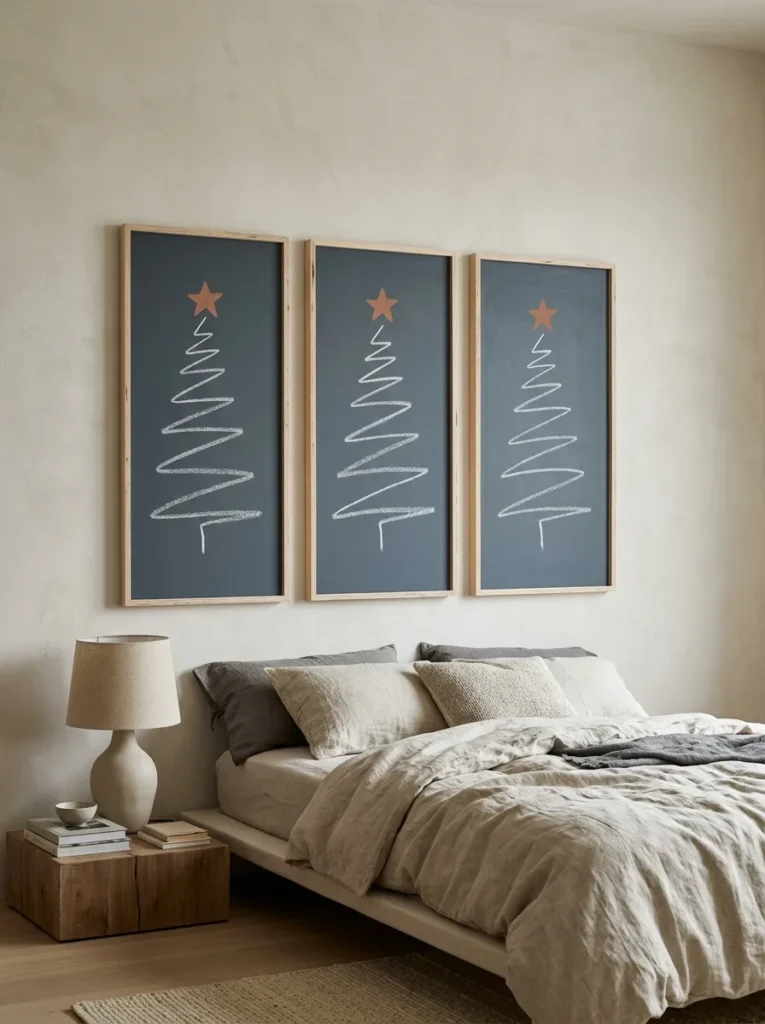 "Three line-art Christmas tree chalkboard panels above a bed"