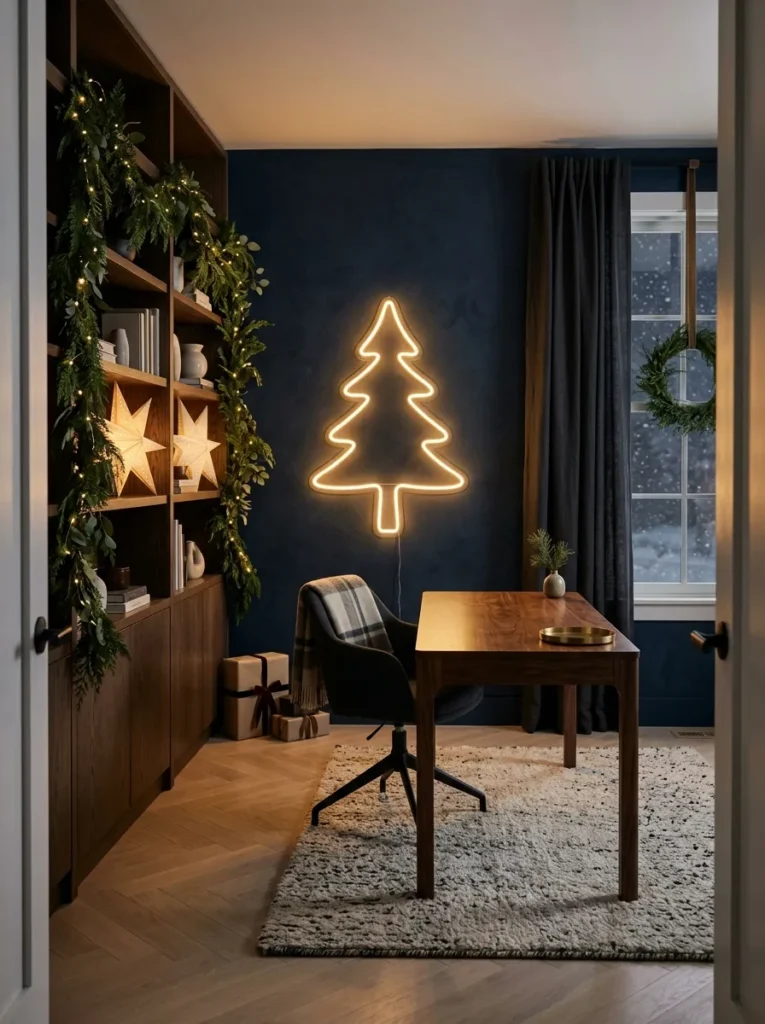 "Single-line LED neon Christmas tree on a navy office wall"