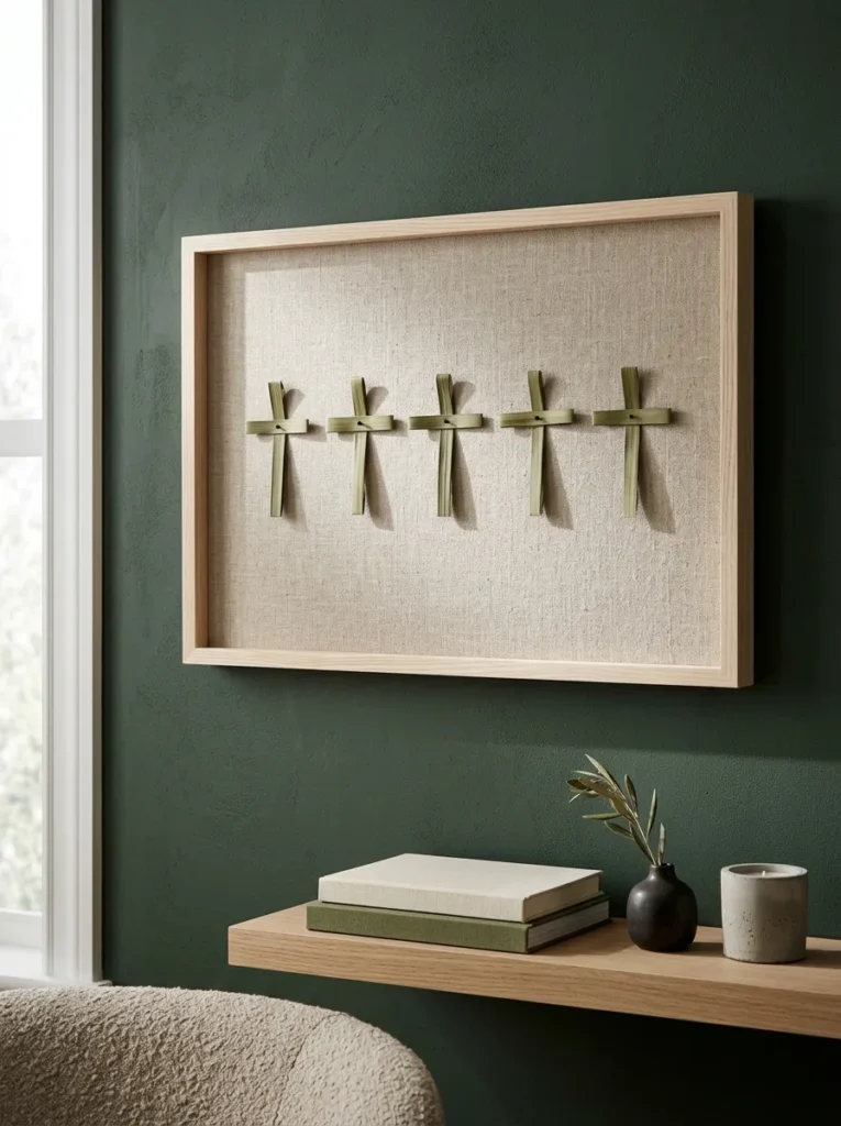 "Folded palm crosses pinned in a row on an oatmeal linen panel"