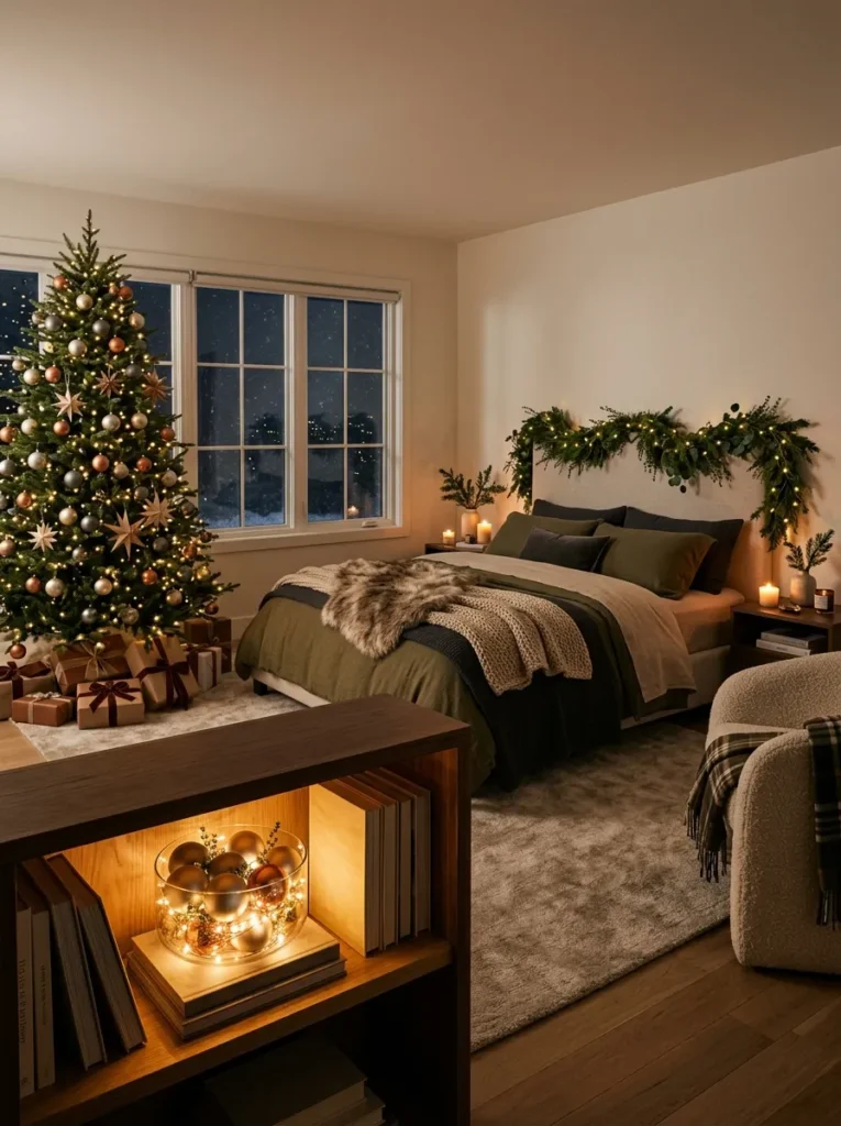 "Glass bowl of matte metallic ornaments lit from within on a bookshelf"