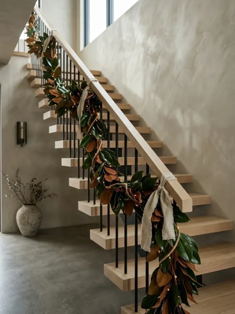 "Magnolia leaf garland on hemp rope along a pale oak staircase"
