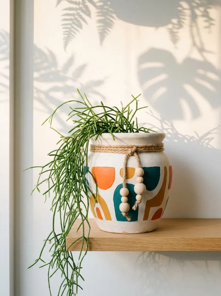 "Matisse-style cut-out shapes painted on a white terracotta pot"