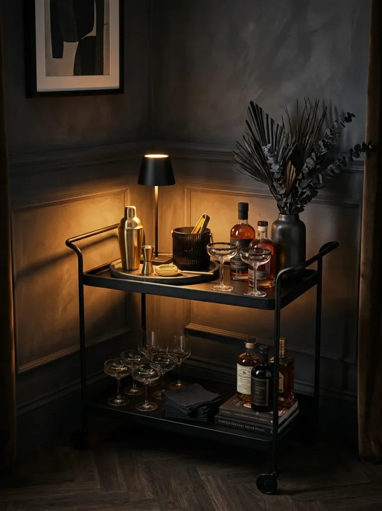 "Matte black bar cart styled with matte gold barware"