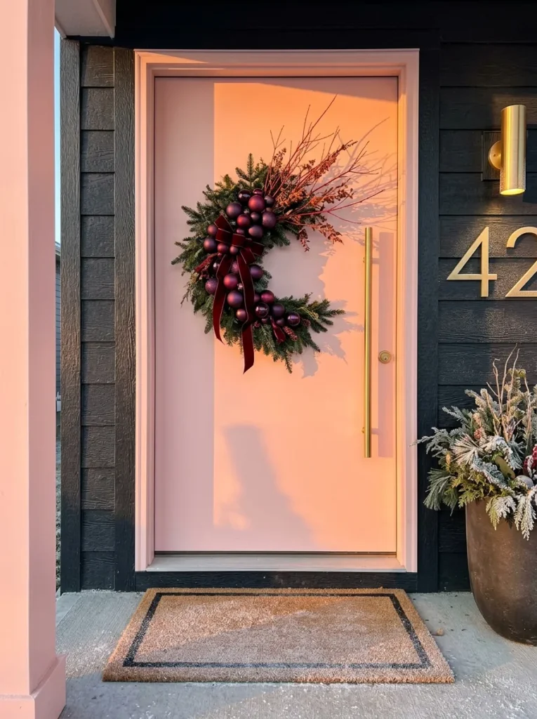 "Cedar crescent wreath with merlot velvet on a blush door"