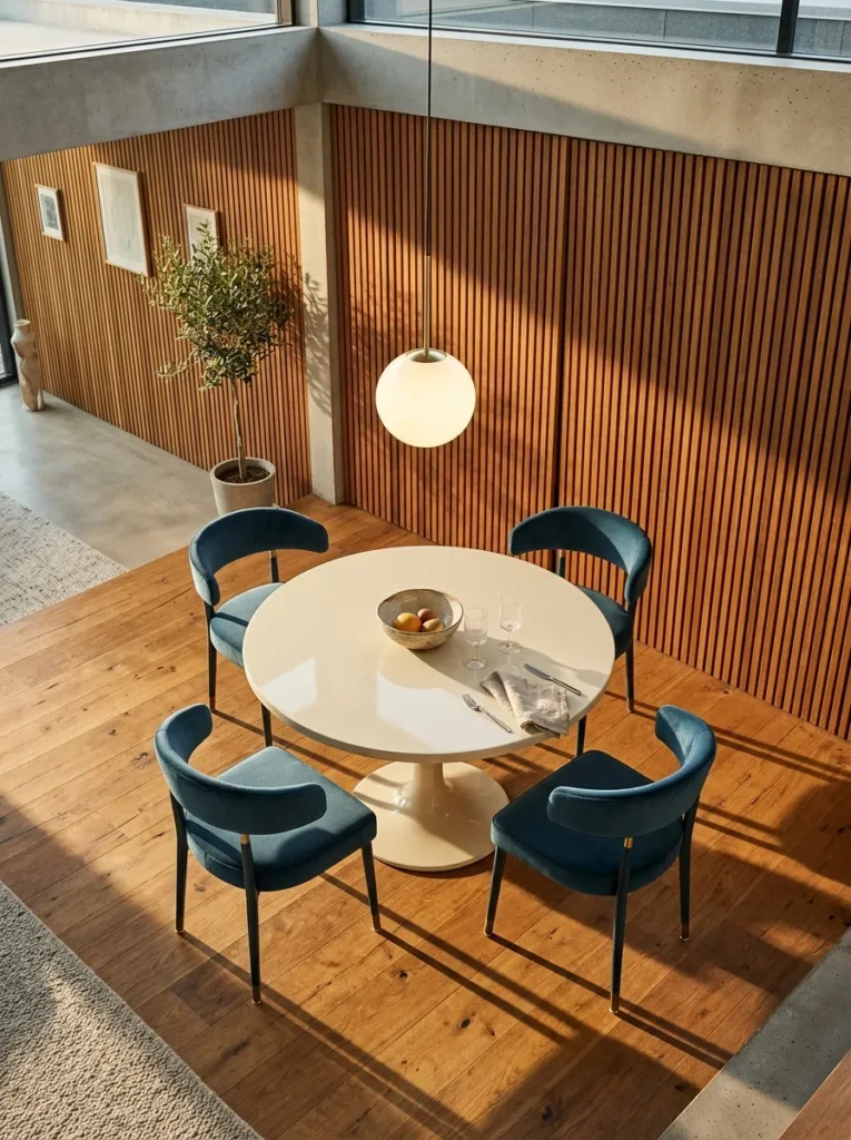 "Mid-century sunken lounge with teak slat wall and aubergine bench"b  