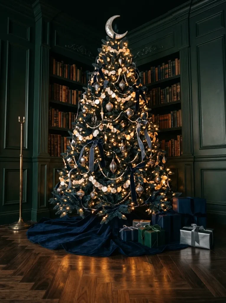 "Midnight navy Christmas tree with capiz shell discs and a pearl moon topper"