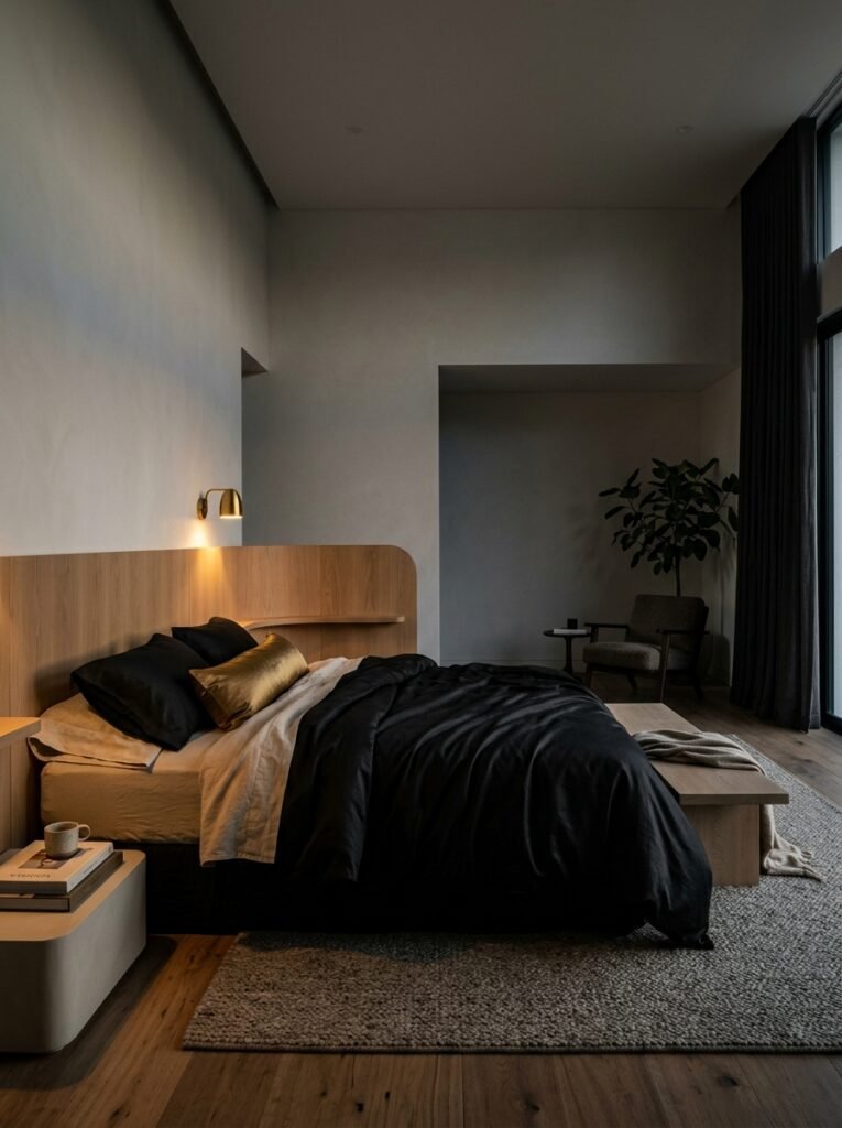 "Black cotton-sateen duvet with an antique-gold silk bolster"