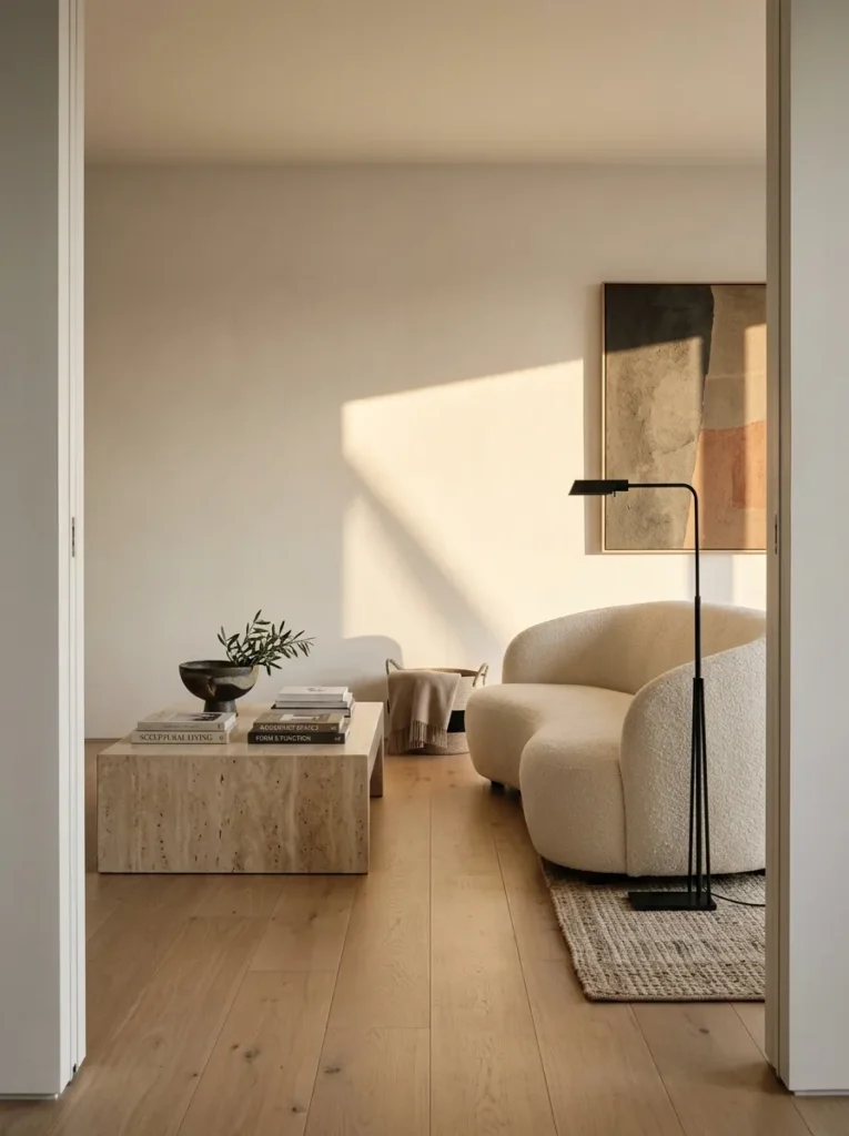 "Minimalist living room with ivory bouclé sofa and travertine table"