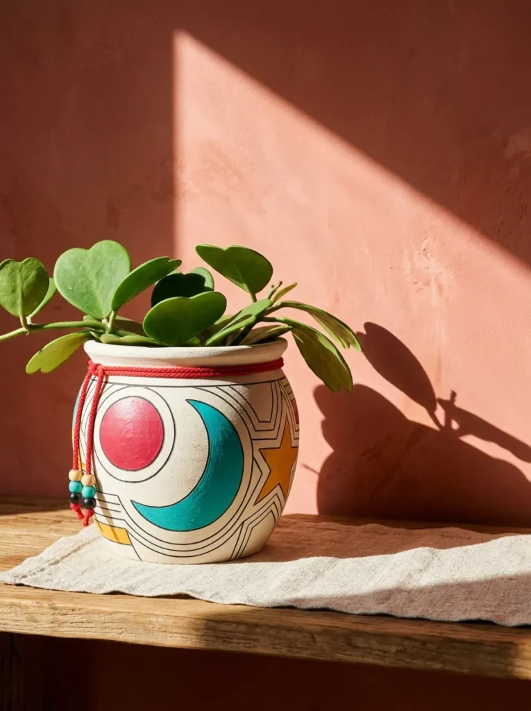 "Miró-inspired floating shapes painted on a terracotta pot"