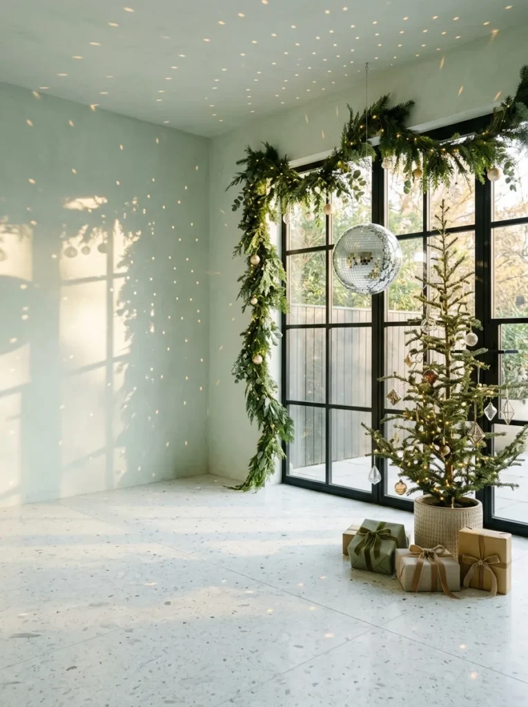 "Mirror sphere scattering light dots across a mint sunroom"