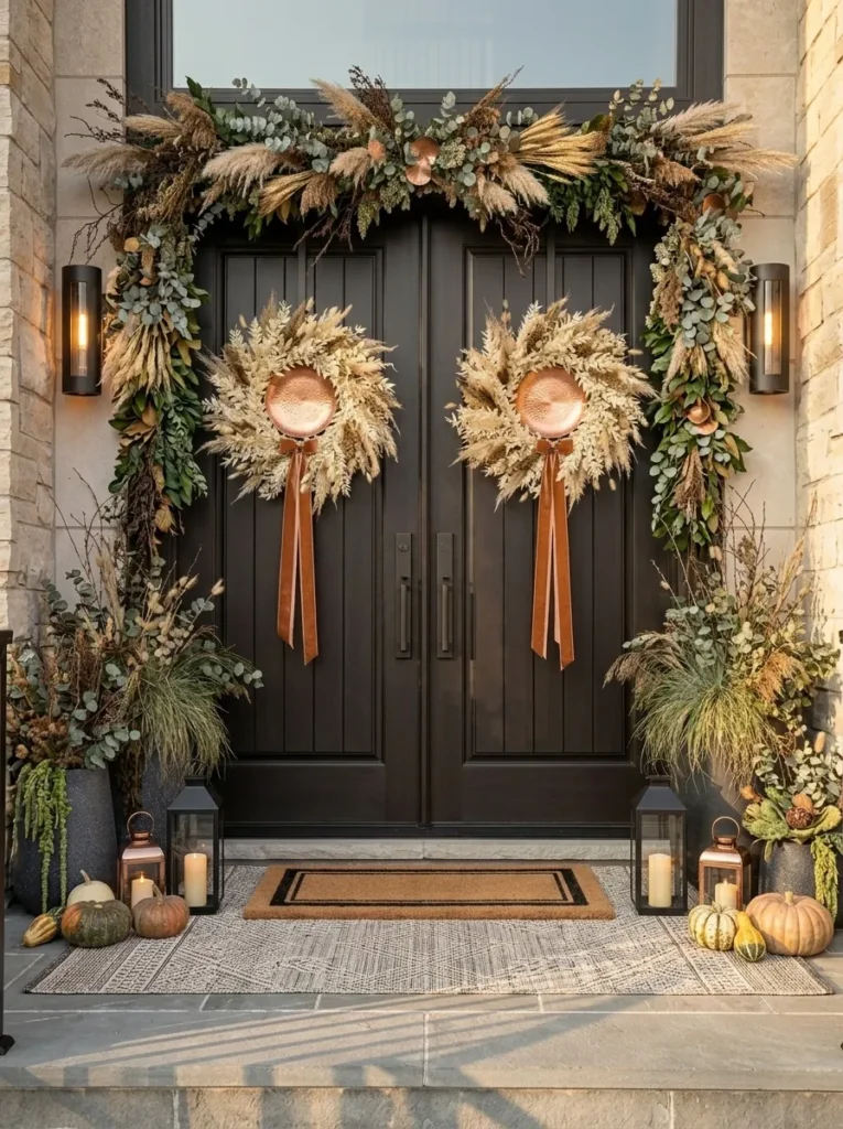 "Mirrored cream ruscus wreaths with copper ribbon on espresso double doors"