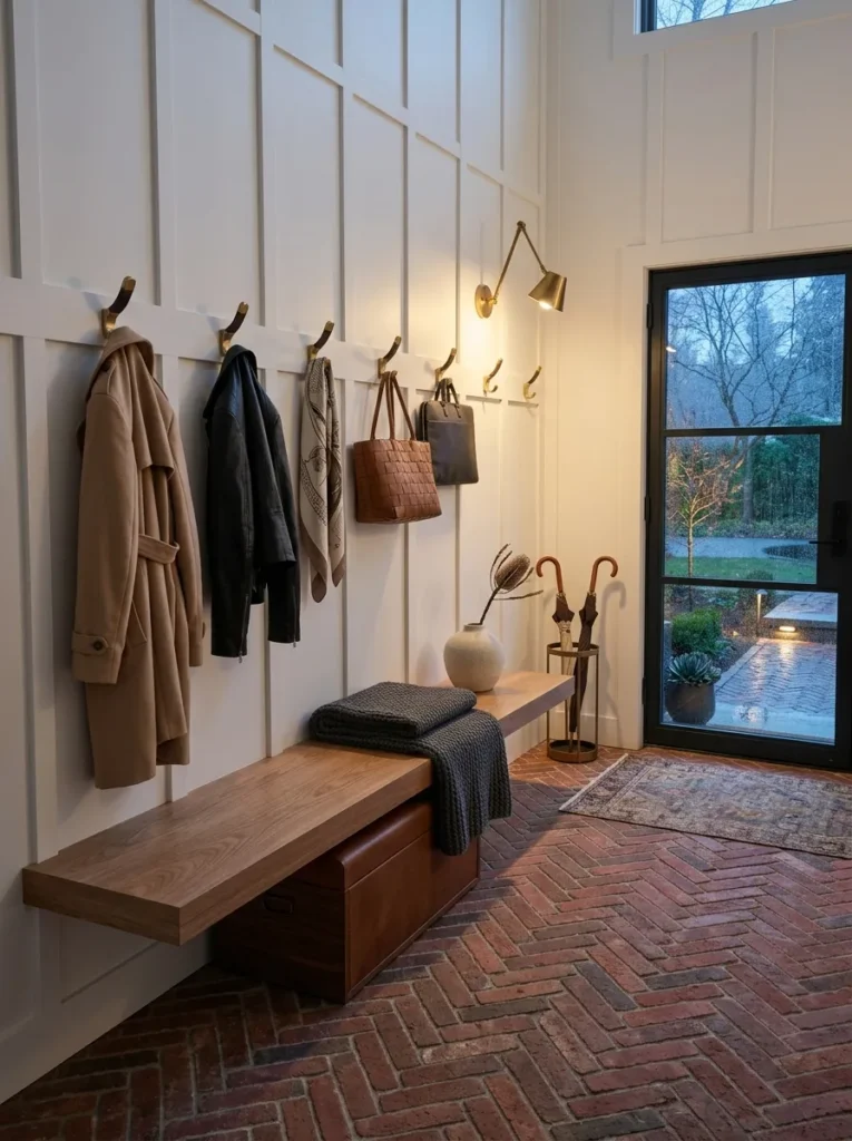 "Modern farmhouse mudroom with board-and-batten walls and brick floor"