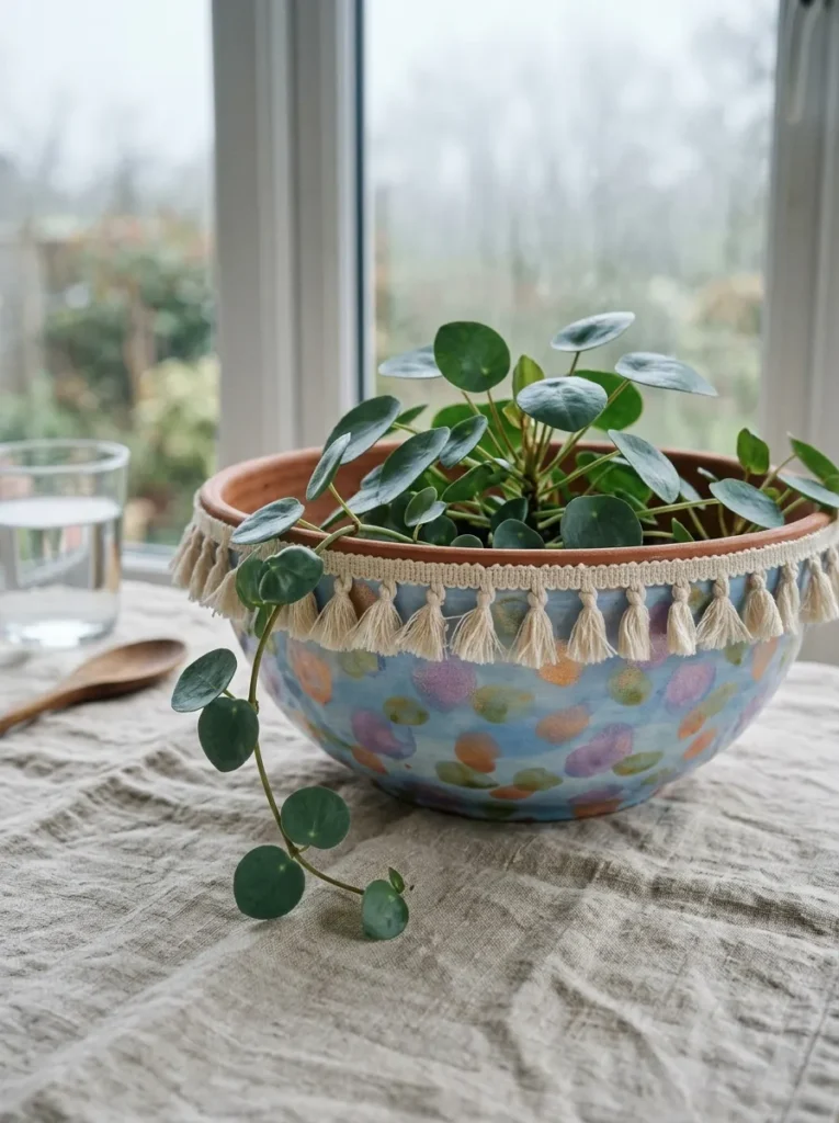 "Monet-style impressionist dab pattern on a shallow bowl pot"