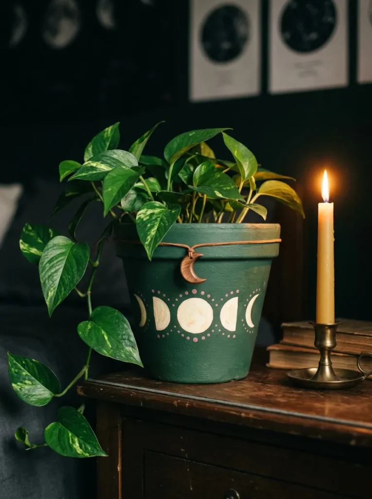  "Moon phase ring painted around a pine-green terracotta pot"