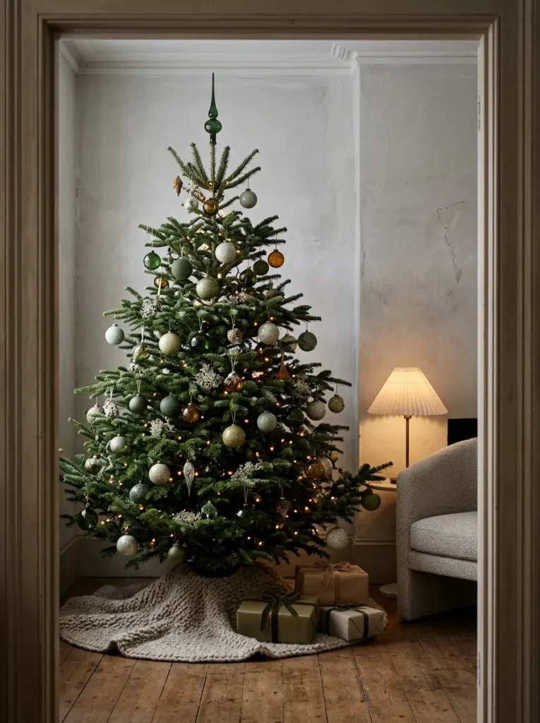 "Tone-on-tone green Christmas tree with moss, sage, and lichen ornaments"