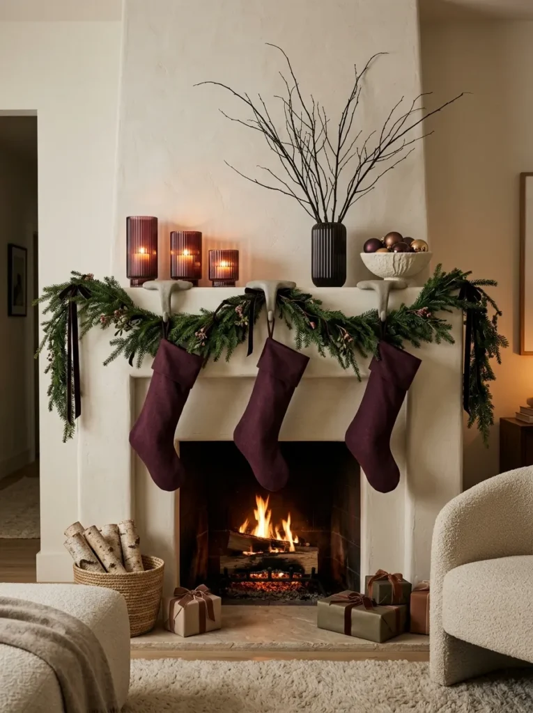 "Mulberry glass candle holders on a fresh fir Christmas mantel"