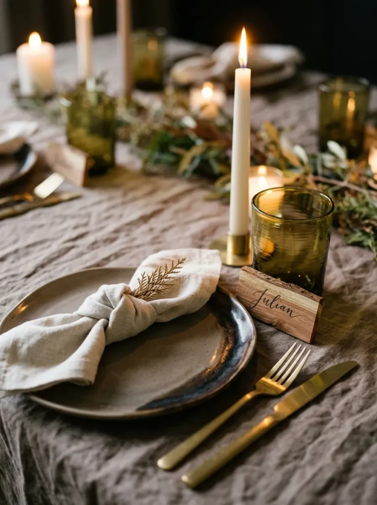 "Cedar shim place card leaning on a moss-green tumbler beside a taupe plate"