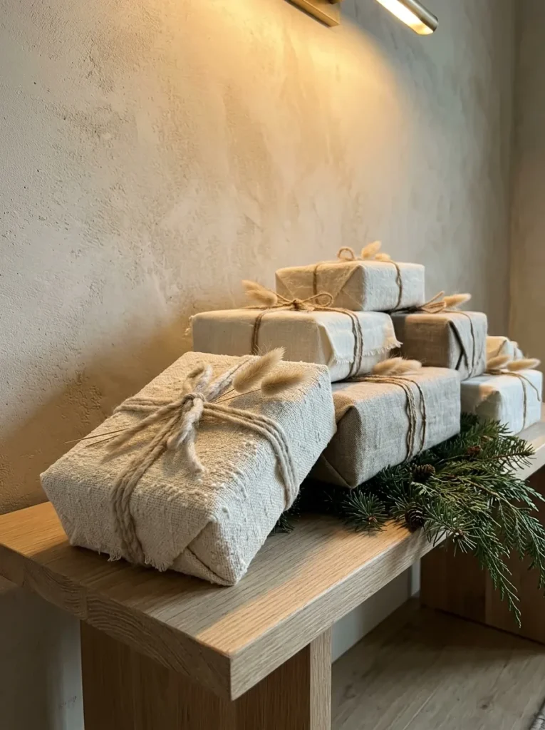 "Muslin-wrapped gifts with wool yarn ties on an oak bench"
