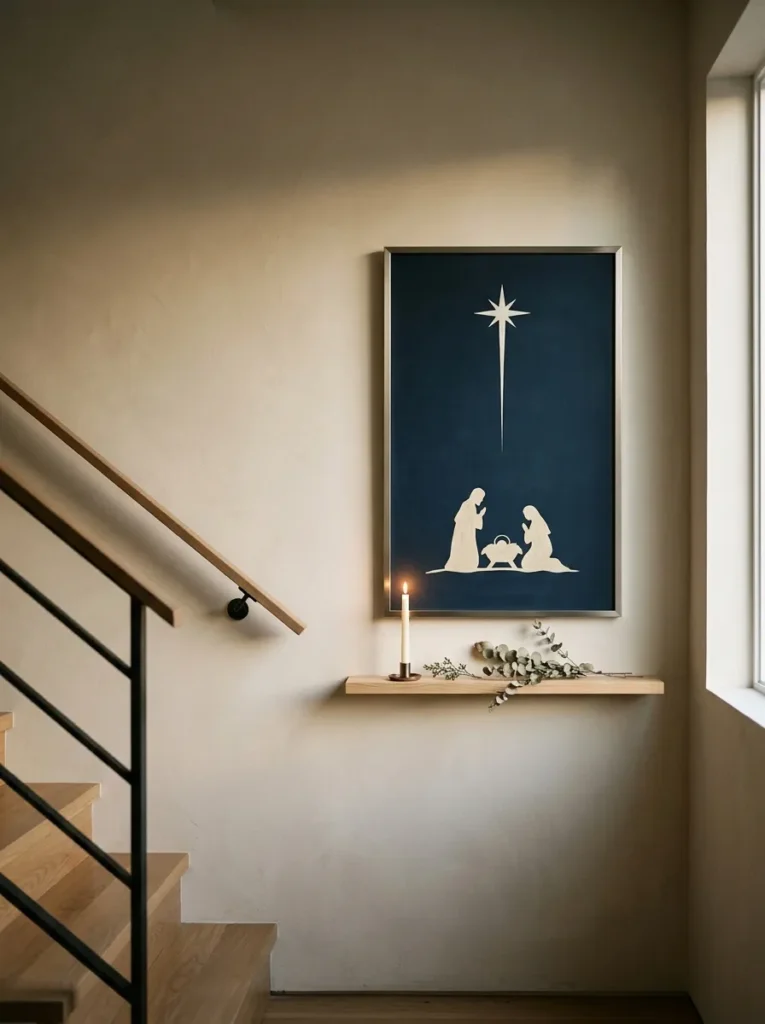 "Nativity silhouette chalk drawing on a navy board at a stair landing"