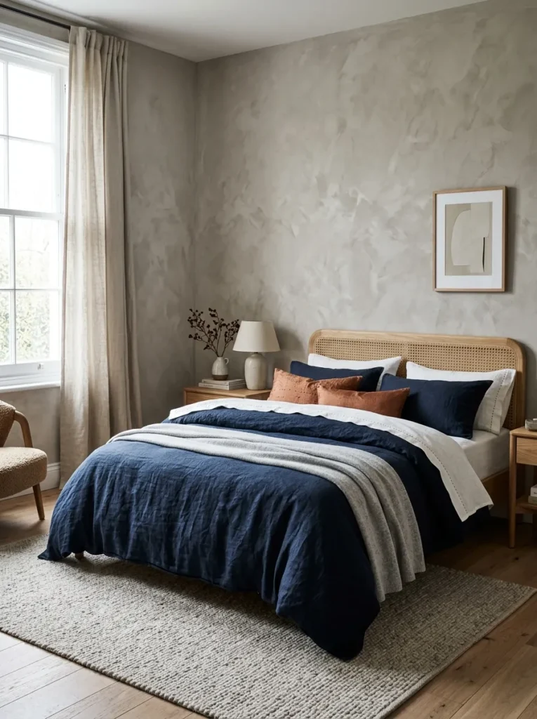 "Navy linen duvet with copper running-stitch border"